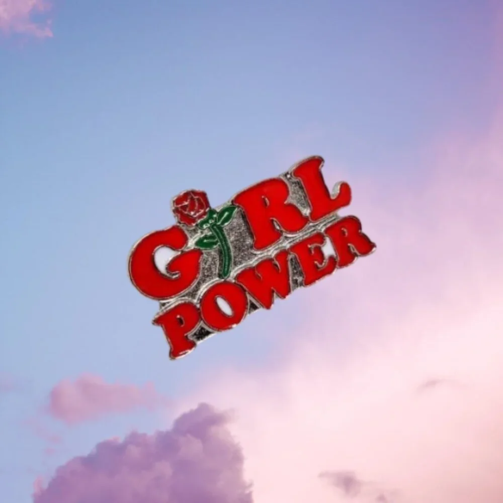 Girl Power Red Rose Enamel Pin Brooch · Red Silver Tone · 1 ½ Inch Wide · New